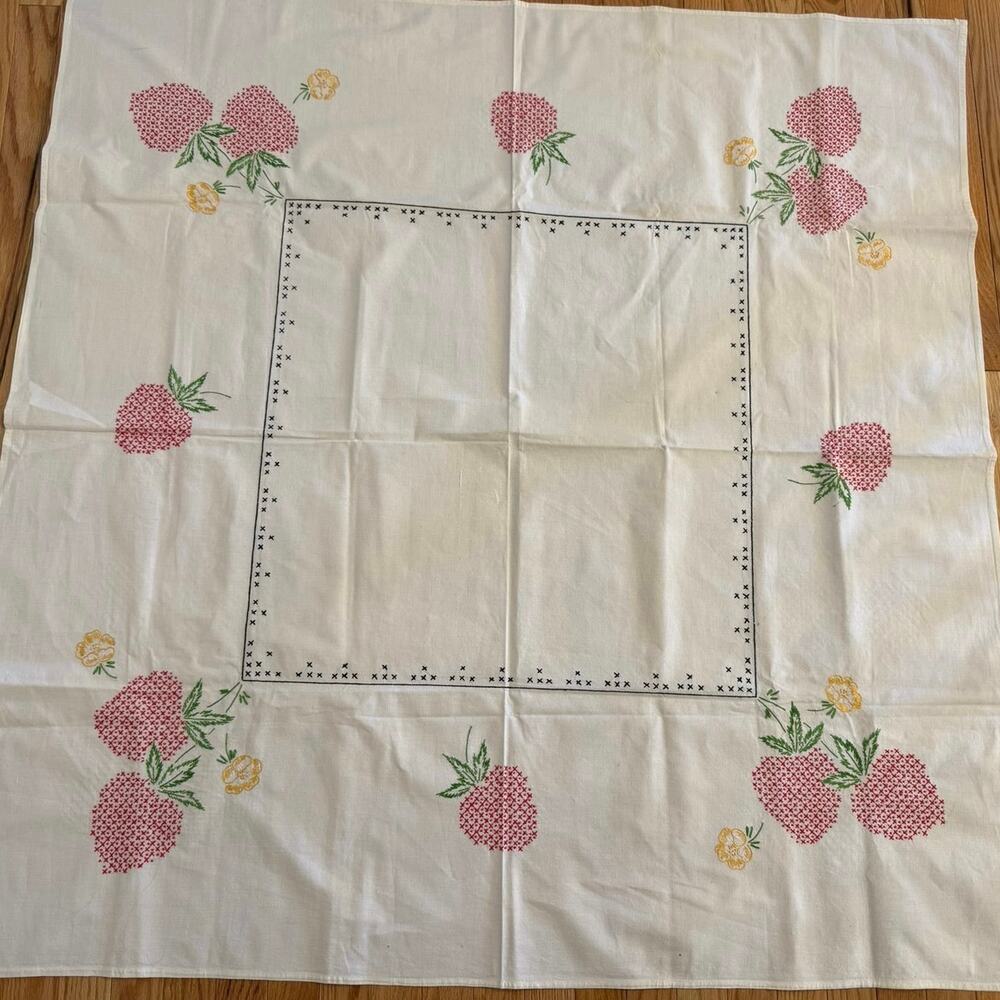 Vintage Hand Embroidered Strawberry Tablecloth White Cottagecore 50 x 50 OOAK